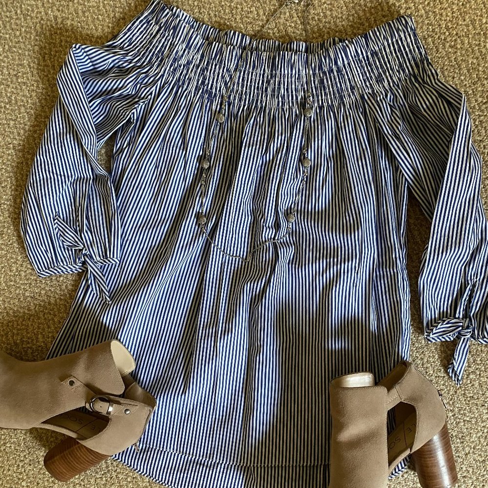 DO+BE Blue and White Striped Off The Shoulder Top